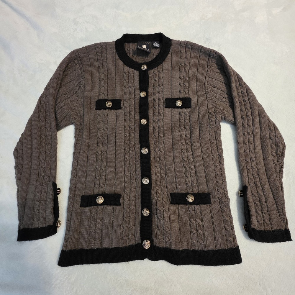 Henley Wool Blend Cardigan‎ Women's M Brown Black Gold Button Cable Knit Vintage